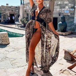 Women's Swimwear 2022 Leopard Print Knitted Beach Cover up dress Tunic Long Pareos Bikinis s Swim Robe Plage Beachwear Y230311