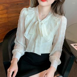 Women's Blouses Fashion Elegant Blouse Women Chiffon Office Lady Long Sleeve Shirts With Bow Apricot Woman Tops Spring Clothing 24687