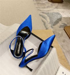 Blue Slippers Summer Women Black 745 Heels Slides Mules Female Sexy Thin High Crystal Silk Flip Flops Party 52