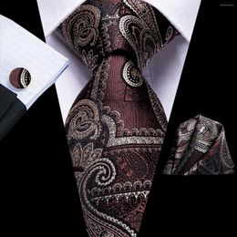 Bow Ties Hi-Tie Brown Ivory Paisley Silk Wedding Tie For Men Handky Cufflink Set Fashion Designer Gift Necktie Business Party