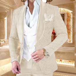 Men's Suits & Blazers Luxury Men Wedding Pink 3 Pieces Custom Groom Suit Dress Tuxedo Slim Fit Jacquard Blazer Double Breasted Vest Pant Set