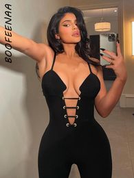 BOOFEENAA Sexy schwarze Overalls, Club-Outfits für Frauen, Spagetti-Träger, tiefer V-Ausschnitt, Verband, figurbetontes Outfit, C96CB28 230310