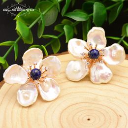 Charm GLSEEVO Handmade 925 Sterling Silver Natural Lapis Lazuli Baroque Flower Pearl Stud Earrings For Women Gift Jewellery GE0678 230310