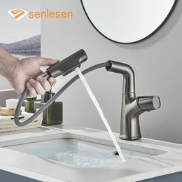 Bathroom Sink Faucets Grey Kitchen Sink Faucet 360 Degree Rotate Lift Up and Down Button Key Pull Out Sprayer Bathroom Basin Faucet Cold Mixer Tap 230311