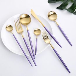 Dinnerware Sets Creative Nordic Tableware Purple Gold 304 Stainless Steel Cutlery Christmas Gift Steak Knife Cake Fork Coffee Spoon Wedding