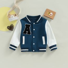 Jackets Kids Boys Girls Baseball Jackets Toddler Letter Pattern Spring Fall Long Sleeve Buttons Front Coat Autumn Winter Outerwear 230310