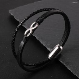 Strand Simple Design Men Braided Genuine Leather Strap Bracelets 8 Knot Tube Stainless Steel Charm Clasp Pulseiras Masculina Jewellery