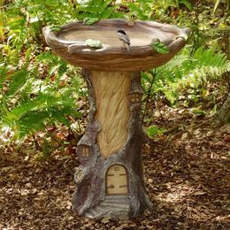 Garden Decorations Full-Size Fairy Birdbath With Miniature House In A Tree Stump Hand-Painted All-Weather Wood-Look Resin FQ-ing