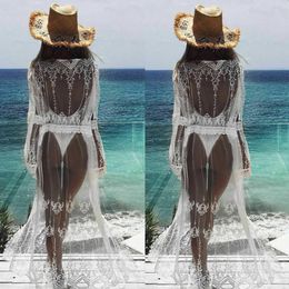 Women's Swimwear Summer Women Sarong Lace Maxi Bikini Cover Up Pareo white beach dress Long Chiffon See Through Crochet Cardigan robe de plage Y230311