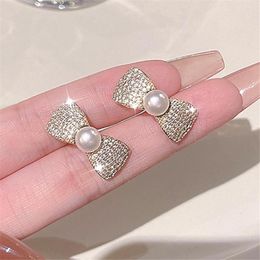 Hoop Earrings S925 Exquisite Zircon Bow Tie For Female Ins Tidy And Luxury Small With Pearl Plated 18K Gold