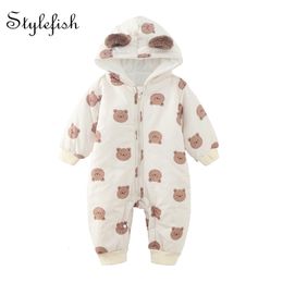 Rompers winter infant clothing plush warm baby bear print hooded Jumpsuit High quality Rompers 230311