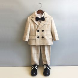 Suits Child Formal British Plaid Dress Suits Set Spring And Autumn Boys Birthday Party Wedding Piano Show Costume Kids Blazer Pants 230310