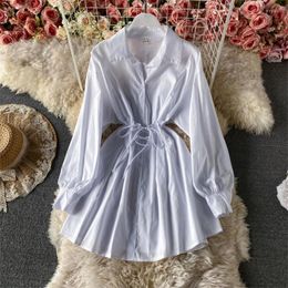 Casual Dresses 2023 Spring Autumn White Shirt Dress Women Long Sleeve Lace Up Waist Mini High Street Fashion Boyfriend