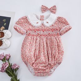 Rompers 2PCS Baby Smock Floral Romper Girl Handmade Embroidered Jumpsuit Toddler Smocked Clothes Infant Birthday Rompers with Hairpin 230311