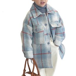 Tench coats Winter Kids Trench Jackets Plaid Woolen Knitted Outerwear Boys Thick Warm Quilted Wind Coats 230311