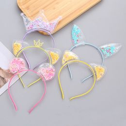 16062 Baby Girl Hair Clasp Quicksand Stars Sequins Cat Ears Crown Hairhoop Kids Hairband Headband Princess Child Dance Performance Hair Accessory