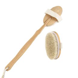 Natural Bristles Back Scrubber Shower Brush With Detachable Long Wooden Handle Dry Skin Exfoliating Body Massage Cleaning Tool