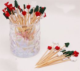 Factory Bar Tools 100 Pieces Christmas Cocktail Picks Assorted Handmade Santa Claus Snowflake Snowman Fruits Bamboo Toothpicks for Drink Fruit Dessert RRA