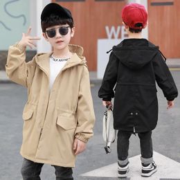 Tench coats Big Boys Hooded Zipper Trench Coat with Pockets Black Khaki Loose Casual Jacket for Boy Fall Outerwear Solid Windbreake 14 230311