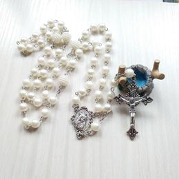 Pendant Necklaces Religious White Imitation Pearls Rosaries Beads Chain Necklace Catholic Christ Jesus Cross Prayer Jewelry Gift