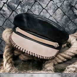 Berets Genuine Leather Fisherman Cap Cowhide Motorcycle Military Captain Sailor Hat Unisex Beret