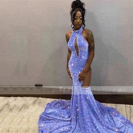 Purple Velvet Sequins Mermaid Prom Dresses 2023 Halter Side See Through Pageant Gown Sweep Train Black Girls Homecoming Dress