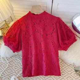 Women's Blouses Spring Women Floral Blouse Mesh Short Puff Sleeve Tops Ladies O-Neck Hollow Out Drape Lace Feminine Bottomed Shirt