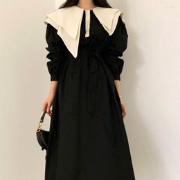 Casual Dresses Hstar Lantern Long Sleeve Dress Woman 2023 Autumn Fashionable Waist Irregular Lapel Ruffles Loose Black Jurk