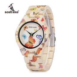 Whole BOBO BIRD Ladies Watches Bamboo Wood Quartz Butterfly Hour Brand Designer Festival Gifts with Box Drop 254B