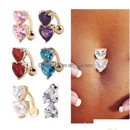 Navel Bell Button Rings 6 Colours Reverse Crystal Bar Belly Ring Gold Body Piercing Two Heart Pierce Jewellery Drop Delivery Dhgarden Dha4R