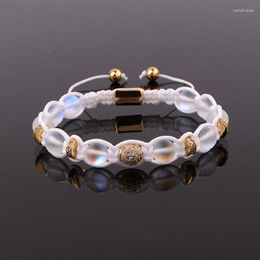 Strand Design Moonstone CZ Pave Ball Handmade Briaded Cord Adjustable Macrame Bracelet For Men Women