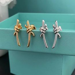 Style S Sterling Sier Bowknot Designer Stud Earrings Womens Shining Diamond Sweet Love Knot Earring T Earings Ear Rings Brand Jewellery Necklace