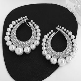 Hoop Earrings AENSOA Exaggerated Pearl Crystal Drop For Women Fashion Rhinestone Big Dangle Pendientes Elegant Jewellery