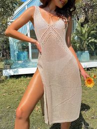 Women's Swimwear 2022 Newest Arrival Women Summer Hollow Knitted Bikini Smock Fashion Solid Colour Tie-up Backless Slit Beach Midi Dress Y230311