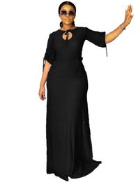 Casual Dresses Solid Colour Long Dress For Women High Slit Drawstring Design Lace-up Chic Elegant Robe Femme Maxi Vestido Black Clothes