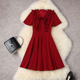 Summer Short Sleeve Round Neck Dress Black / Red Solid Colour Chiffon Ribbon Tie Bow Ruffle Detail Knee-Length Elegant Casual Dresses 22L025030