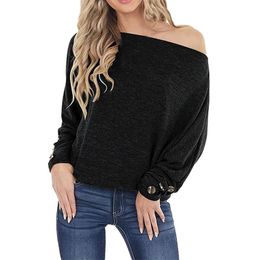 Women's Blouses & Shirts Women Tunic 2023 Top Casual Off Shoulder Solid Skew Collar Long Sleeve Button Dressy Tees For WomenWomen's