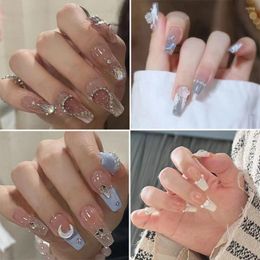 False Nails 24pcs Sweet Long With Glue Square Head Nail Tips Women Wearable Pink Glitter Fake Press On Art