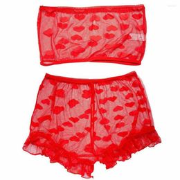 Women's Sleepwear Sexy Lingerie Women Sheer Ultra-thin Gauze Ruffles Off Shoulder Sleeve Tops Shorts Underwear Temptation Mesh Bra Set