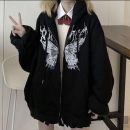 Womens Hoodies Sweatshirts Gothic Zip Up Hip Hop Streetwear Women Casual Hooded Autumn Winter Mens Tops Y2k Clothes 230310