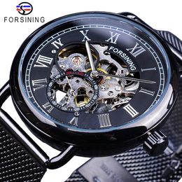 Forsining Classic Black Silver Skeleton Clock Mesh Band Design Waterproof Men's Mechanical Watches Top Brand Luxury Montre Ho234I