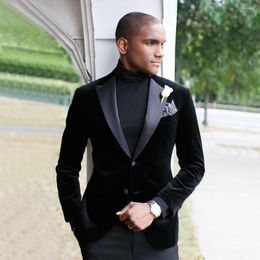 Men's Suits Black Velvet Men's Suit Notched Lapel Blazers Male Tuxedos Slim Fit Wedding Groom Wear 2 Pieces Set Prom Jacket And Pants