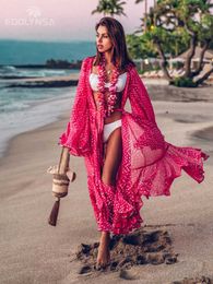 Women's Swimwear 2023 Bikini Cover-ups Bohemian Dot Printed Flare Sleeve Ruffed Summer Beach Dress Chiffon Tunic Women Swimsuit Cover Up Q914 Y230311