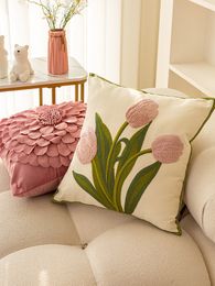 Cushion/Decorative Pillow Retro Tulips Floral Embroidered Pillowcase Cushion Cover Morden Casual Cotton Case Sofa Bedroom Decro 45x45cm 230311