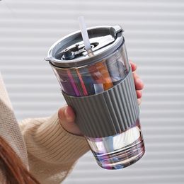 Wine Glasses 450ml Coffee Cup Bottle Thick Glass Mug Heat-Resistant Milk Juice Drinkware Travel Sealed Non-slip Set Straw