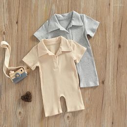 Clothing Sets Casual Infant Girls Summer Romper Overalls Fashion Baby Solid Colour Knitted Cotton Short Sleeve Turn-down Neckline Playsuit