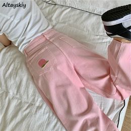 Women's Sweet Pink Jeans Women High Waist Cute Embroidery Peach Denim Trousers Female Simple Straight Baggy Chic Designer Tender Teens 230311