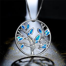 Pendant Necklaces Luxury Female Tree Of Life Necklace White Blue Round Opal Chain For Women Charm Silver Colour Wedding NecklacePendant