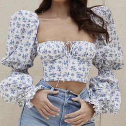 Women's T Shirts STYLISH LADY Floral Printed Crop Tops 2023 Autumn Women Long Puff Sleeve Square Neck Hollow Out Elegant Club Party Shirt