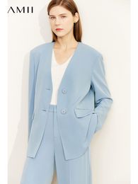 Women's Suits Blazers AMII Minimalism Autumn England Style Women Jacket Vneck Waist Slim Blazer Solid Casual Wide Leg Pants Female Clothing 12240905 230311